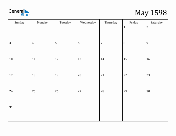 May 1598 Calendar