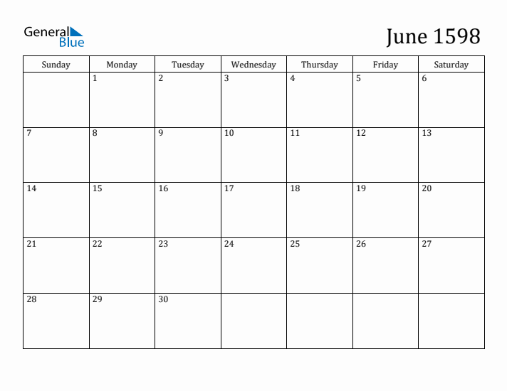 June 1598 Calendar