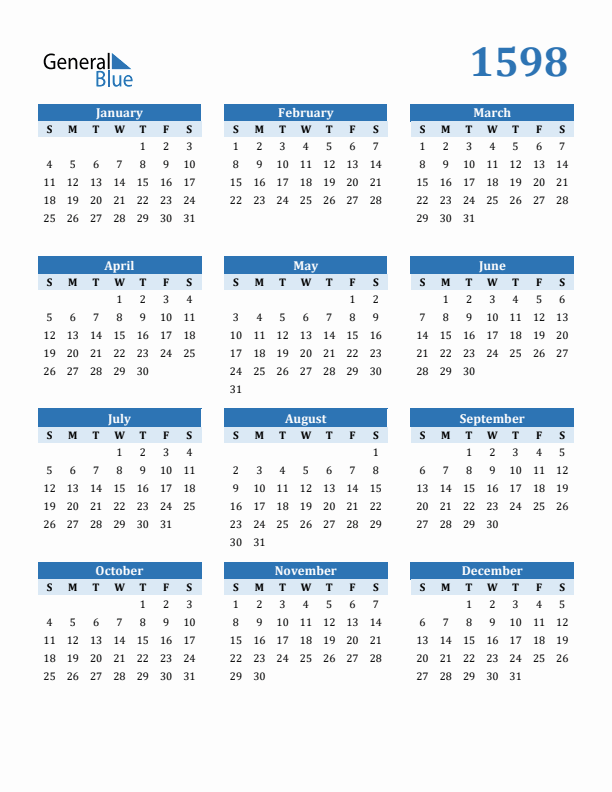 1598 Year Calendar with Sunday Start