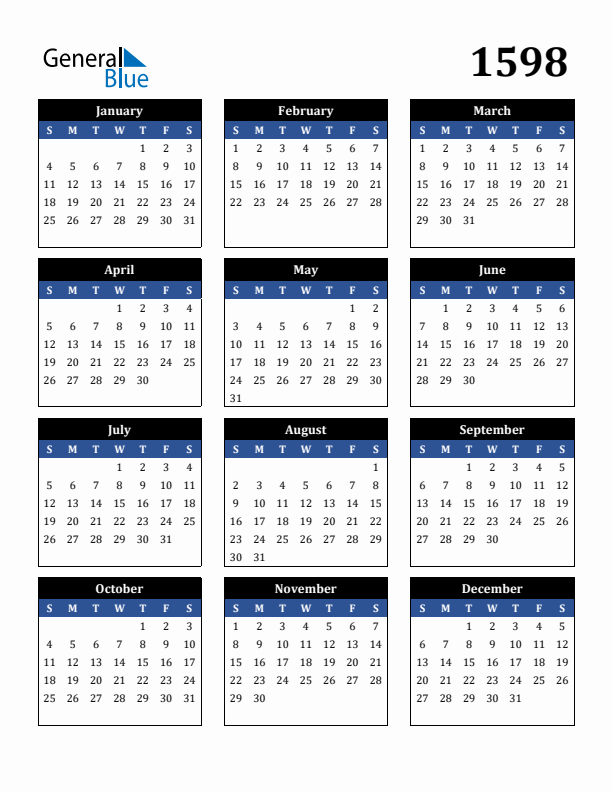 Editable Calendar 1598 - Sunday Start