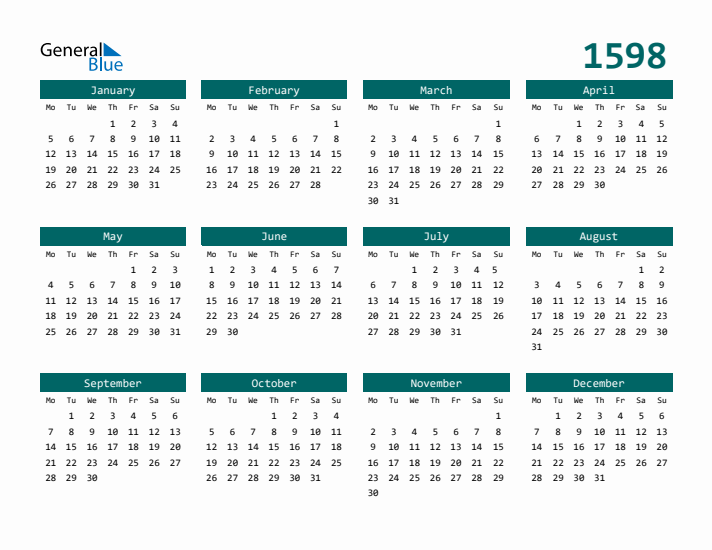 Downloadable 1598 Calendar