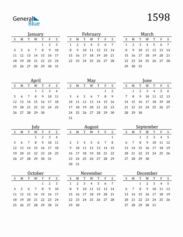 Free Printable Calendar 1598 with Sunday Start