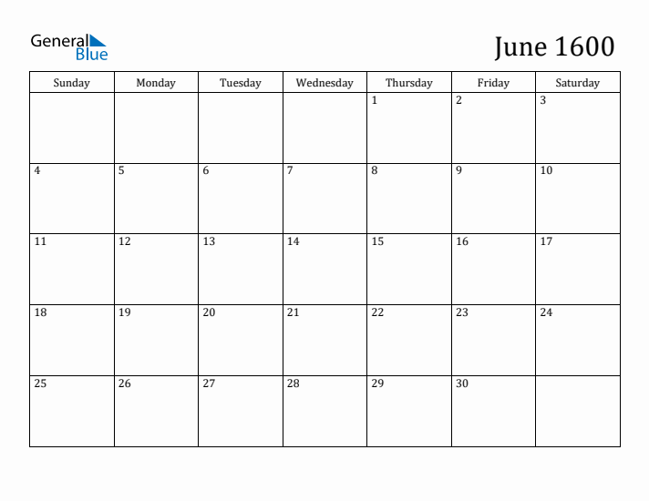 June 1600 Calendar