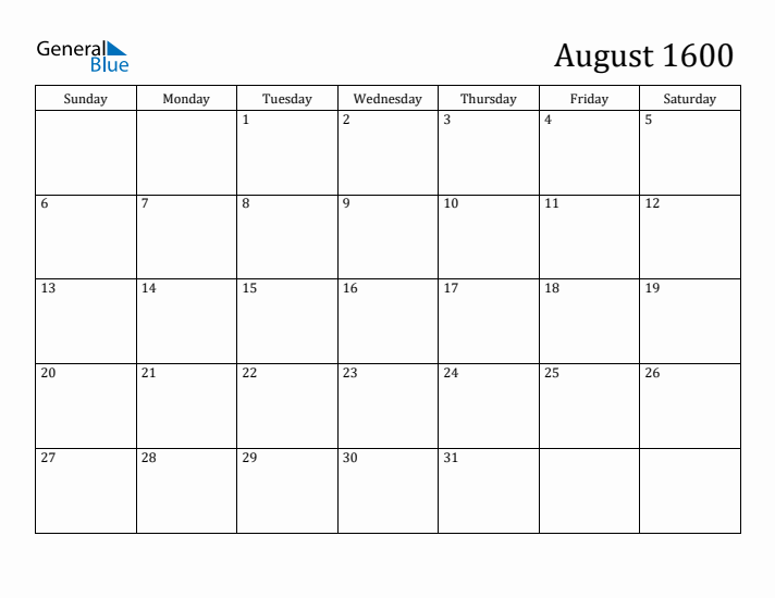 August 1600 Calendar