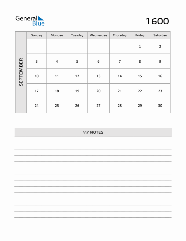 September 1600 Calendar Printable