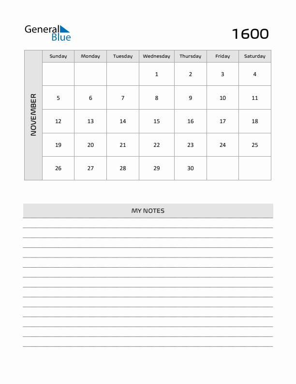 November 1600 Calendar Printable