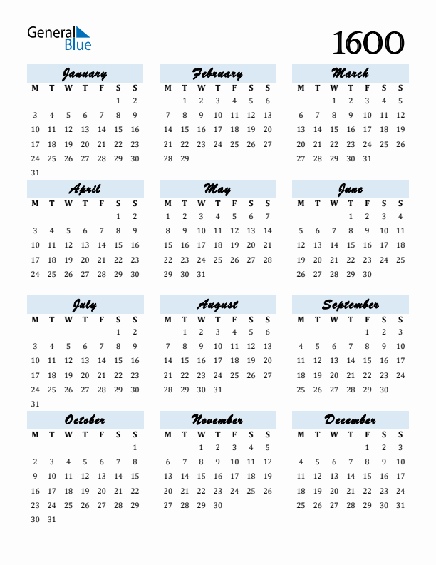 Calendar 1600 Free Download and Print