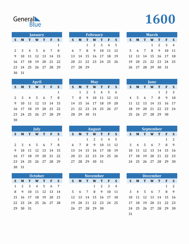 1600 Year Calendar with Sunday Start