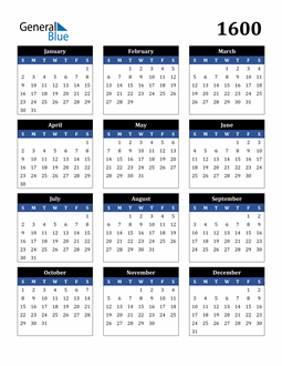 1600 Calendar (PDF, Word, Excel)