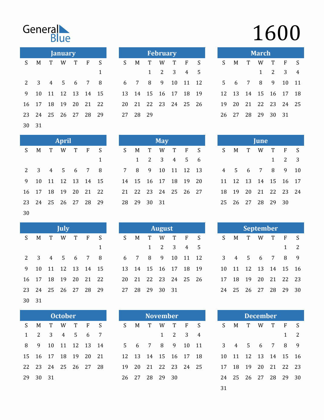 Free 1600 Calendars in PDF, Word, Excel