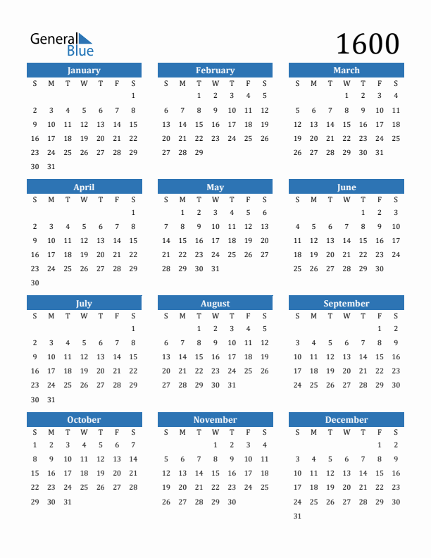 1600 Calendar