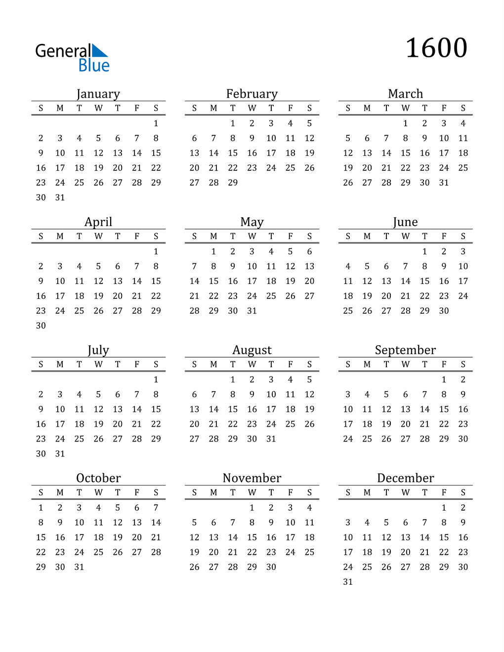 1600 Calendar (PDF, Word, Excel)