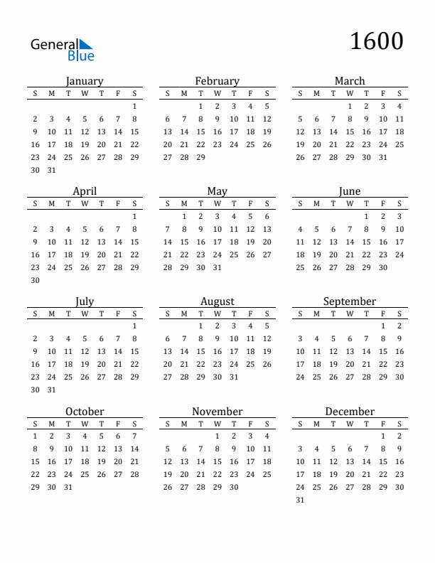 Free Printable Calendar 1600 with Sunday Start
