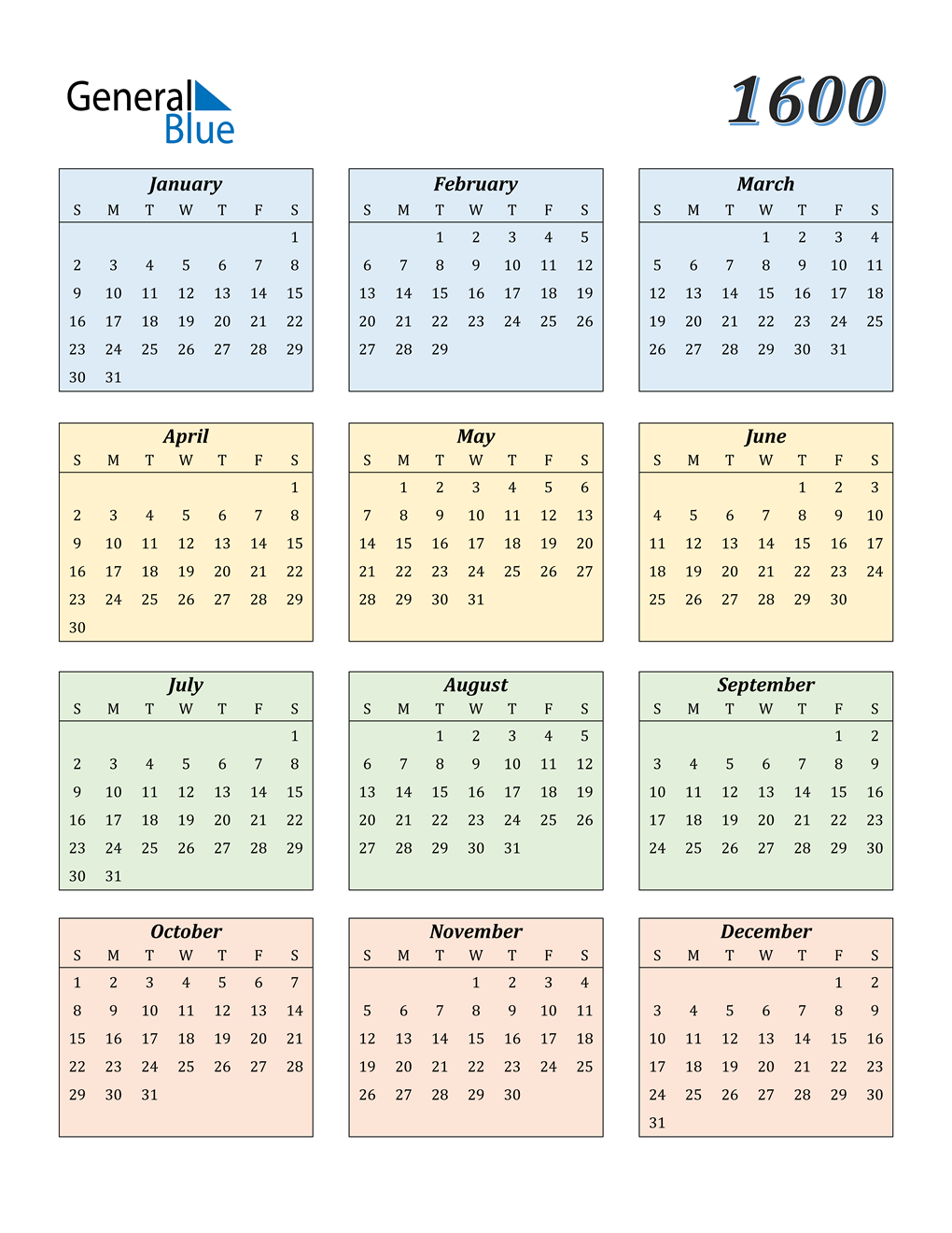 1600 Calendar (PDF, Word, Excel)