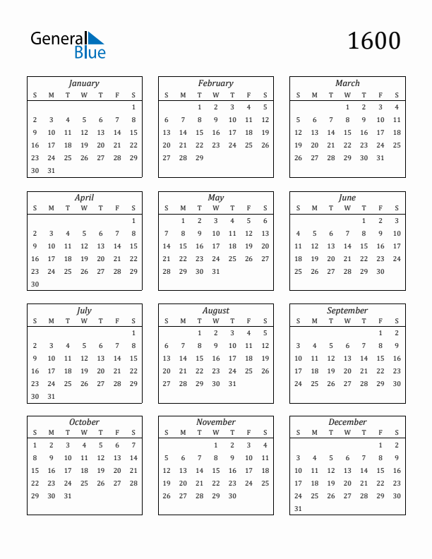Blank Calendar 1600
