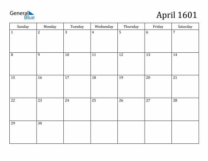 April 1601 Calendar