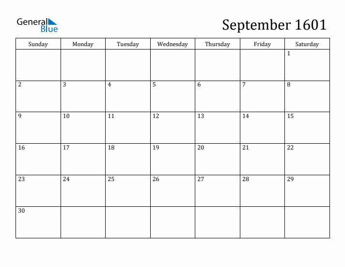 September 1601 Calendar