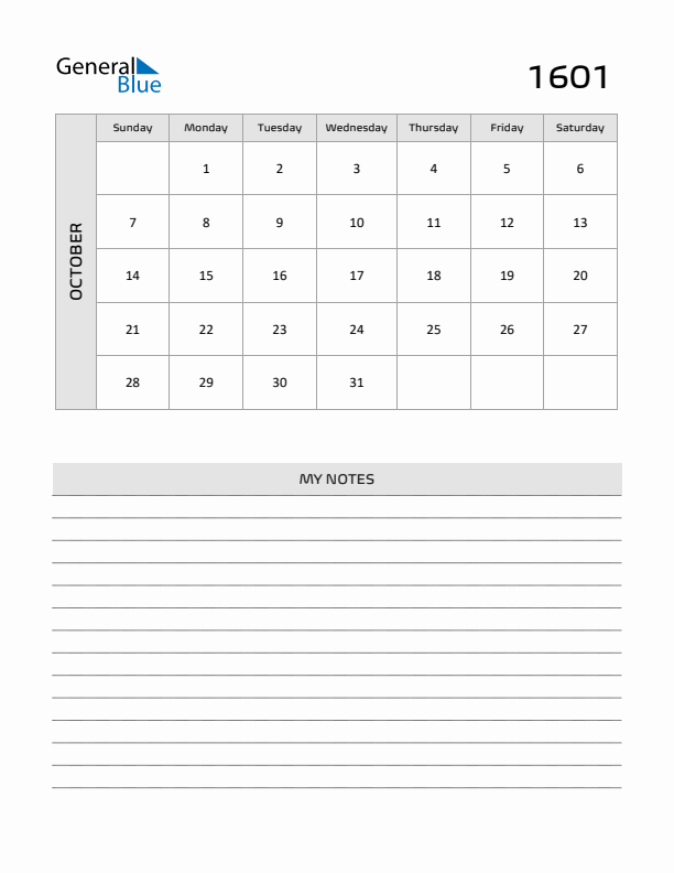 October 1601 Calendar Printable