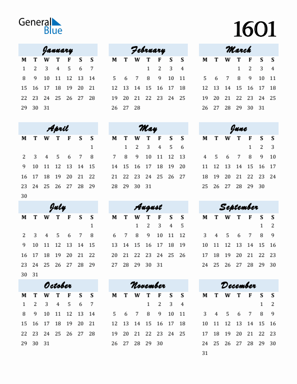 Calendar 1601 Free Download and Print