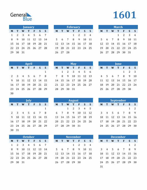 1601 Year Calendar with Monday Start