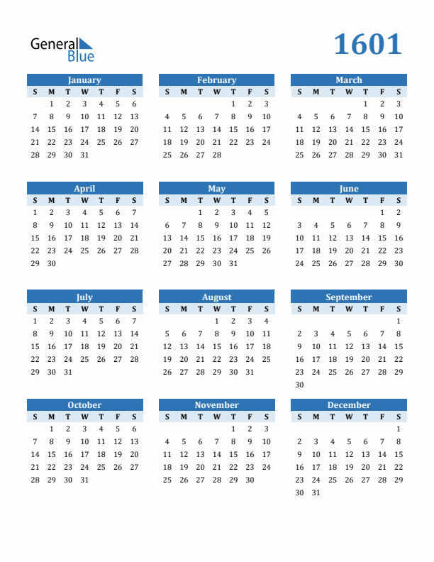 1601 Year Calendar with Sunday Start