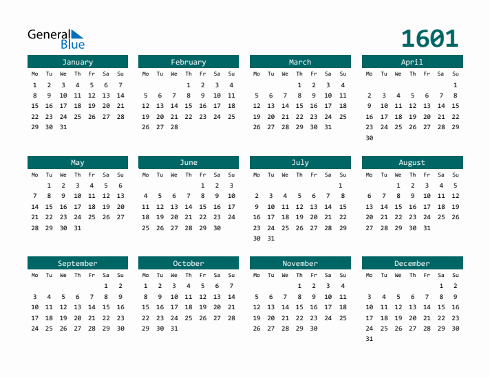 Downloadable 1601 Calendar
