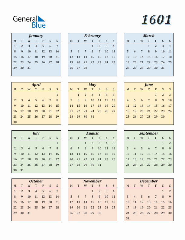 Calendar for 1601 (Monday Start)
