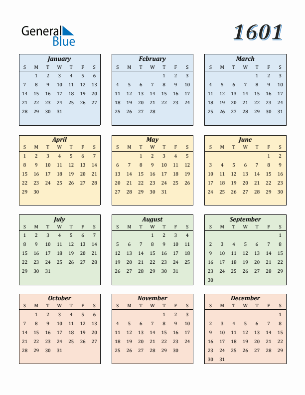 Calendar for 1601 (Sunday Start)