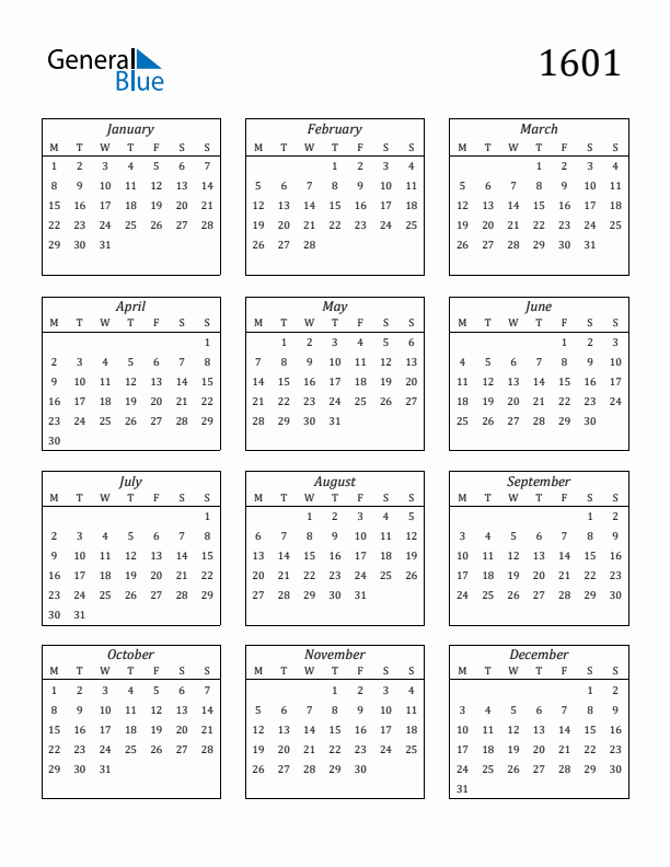 Blank Calendar 1601