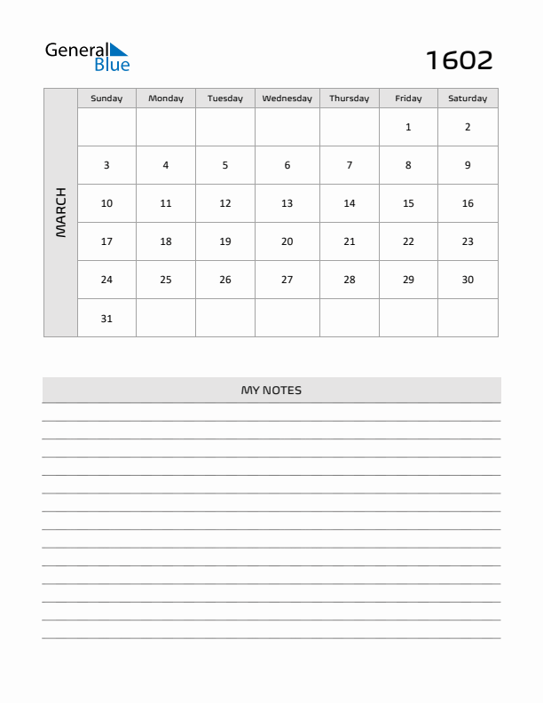 March 1602 Calendar Printable