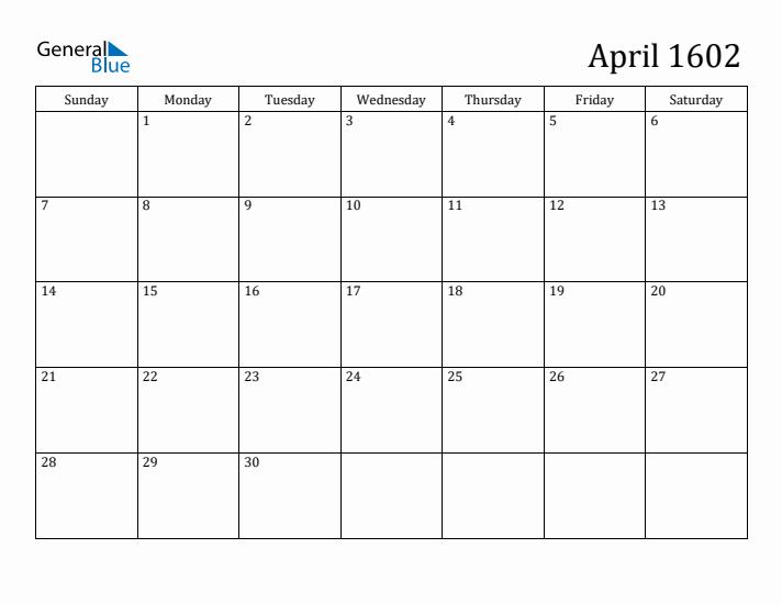 April 1602 Calendar