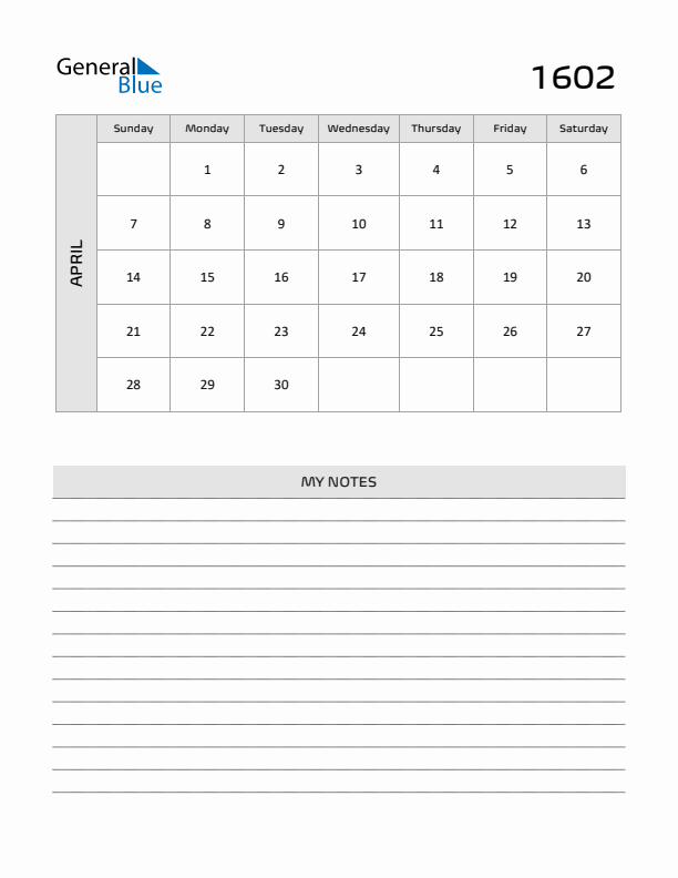 April 1602 Calendar Printable