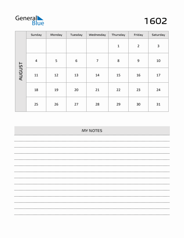 August 1602 Calendar Printable