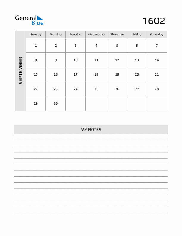 September 1602 Calendar Printable