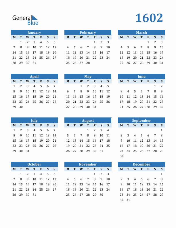 1602 Year Calendar with Monday Start