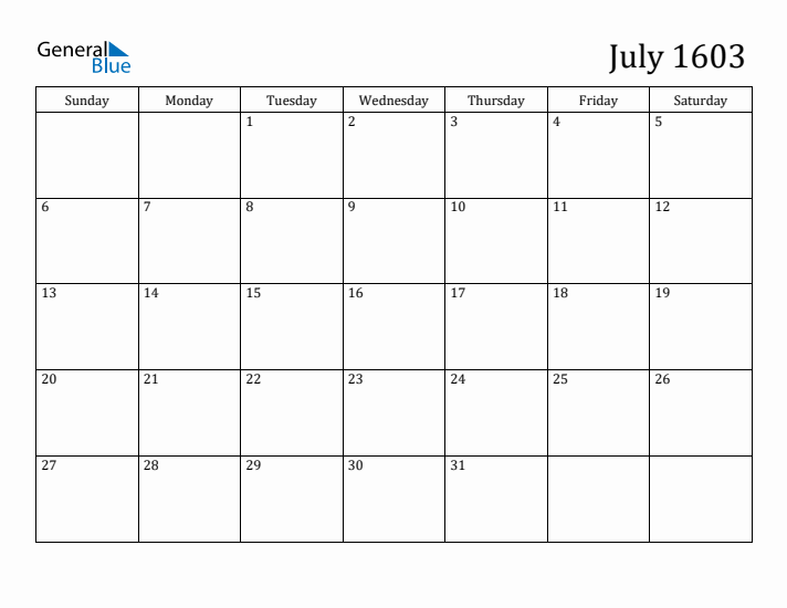 July 1603 Calendar