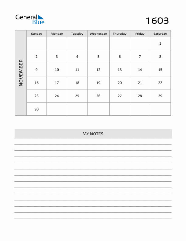 November 1603 Calendar Printable