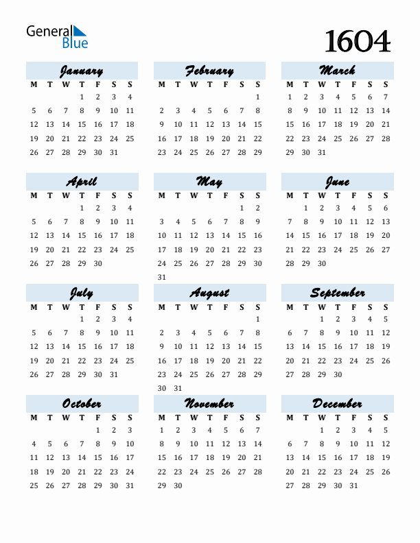 Calendar 1604 Free Download and Print