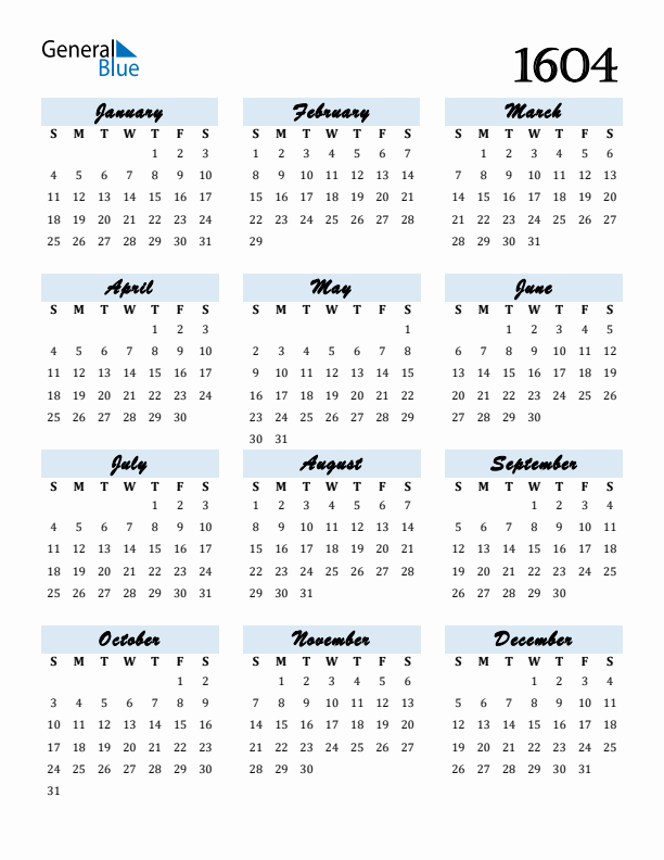 Calendar 1604 Free Download and Print