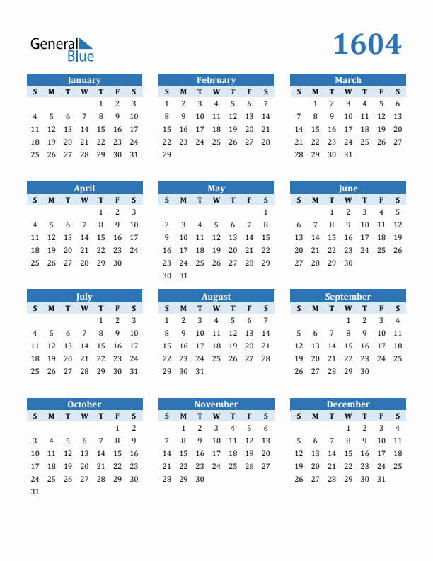 1604 Year Calendar with Sunday Start