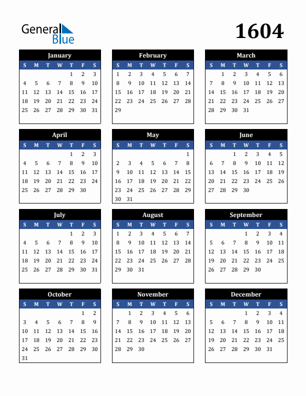 Editable Calendar 1604 - Sunday Start