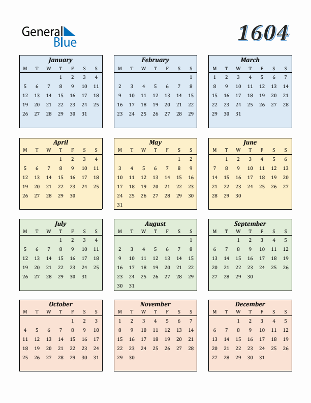 Calendar for 1604 (Monday Start)