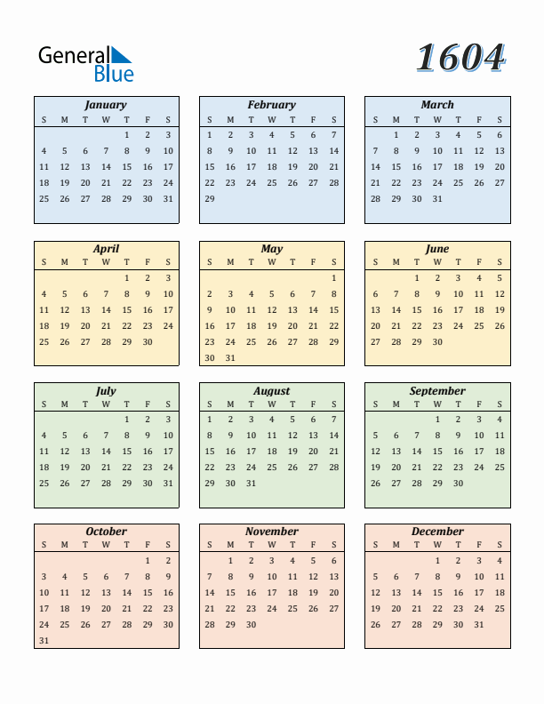 Calendar for 1604 (Sunday Start)