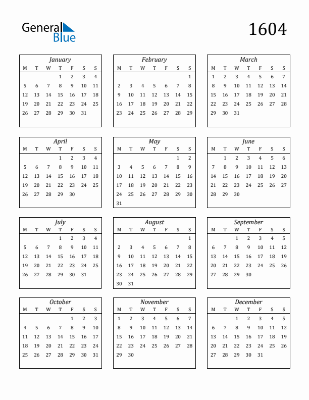Blank Calendar 1604