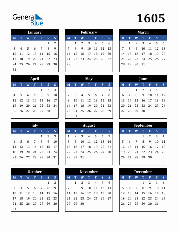 Editable Calendar 1605 - Monday Start