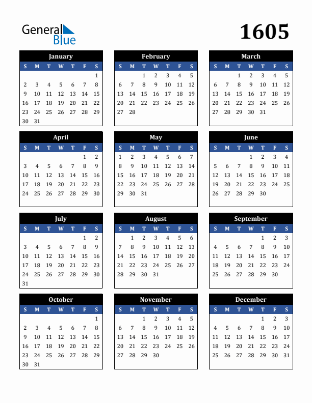 Editable Calendar 1605 - Sunday Start