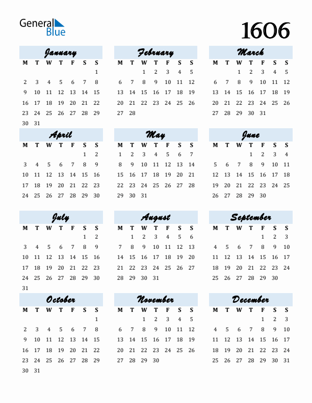 Calendar 1606 Free Download and Print