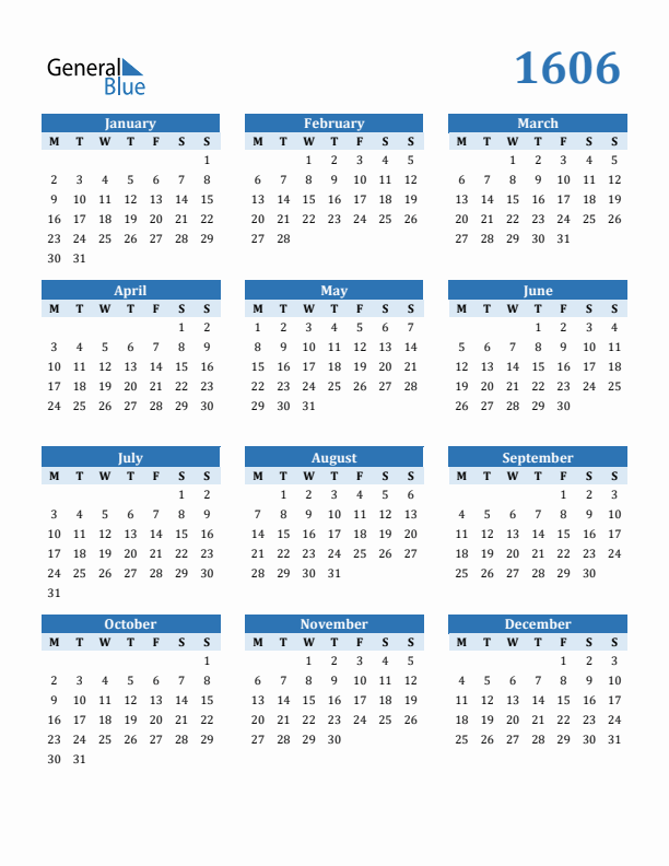 1606 Year Calendar with Monday Start