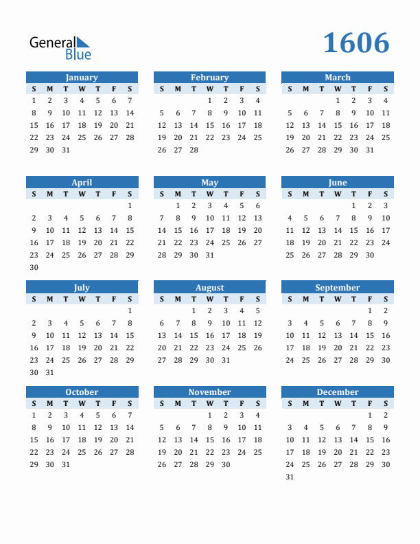 1606 Year Calendar with Sunday Start