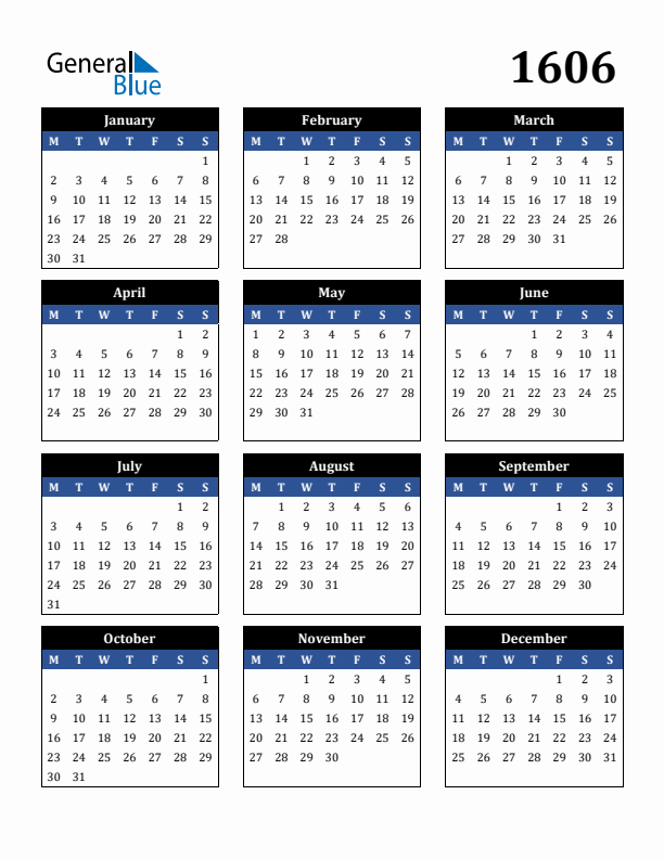 Editable Calendar 1606 - Monday Start